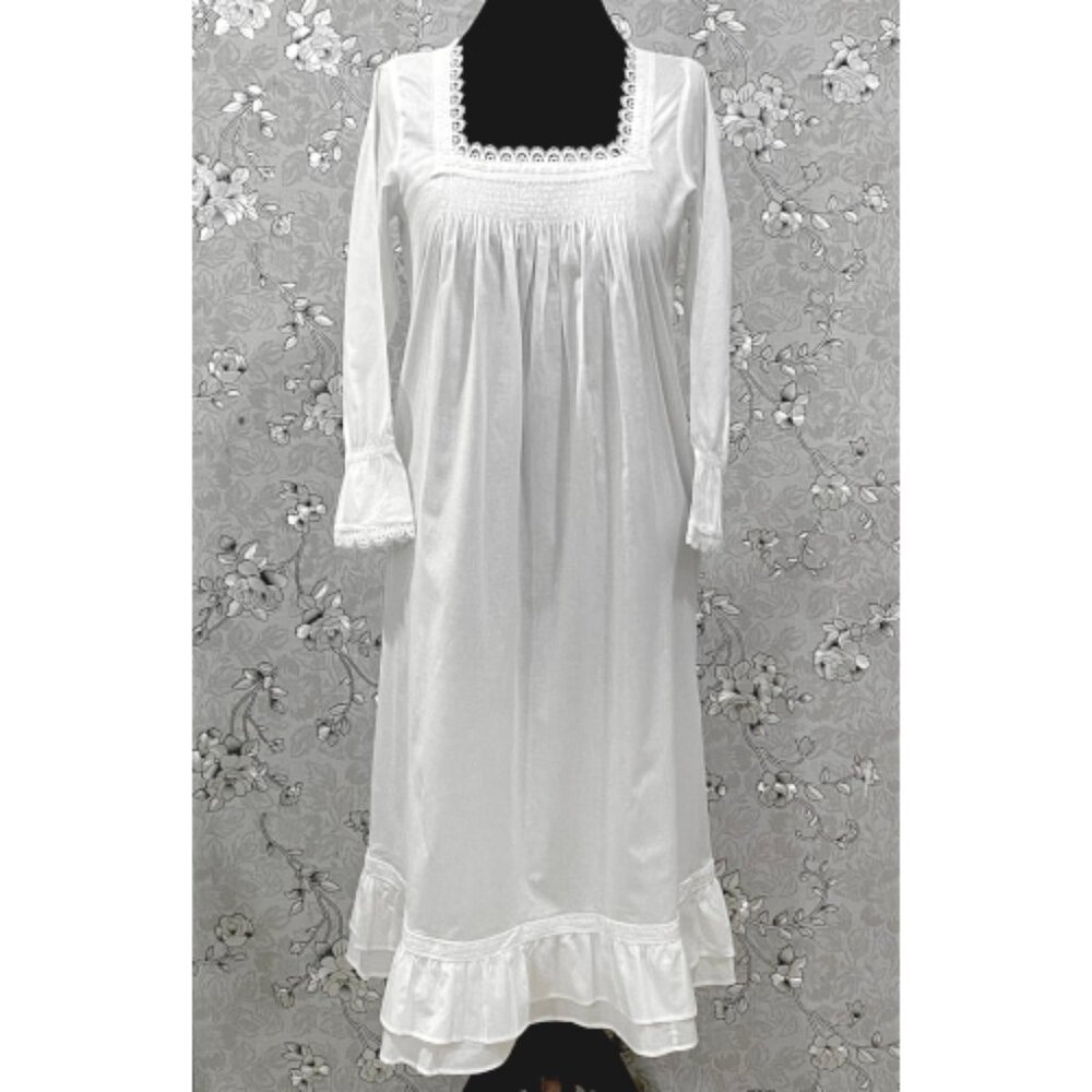 SoieRose SR-1214 Victorian Cotton Nightgown – Smocked Bodice & Ruffle Hem Elegan